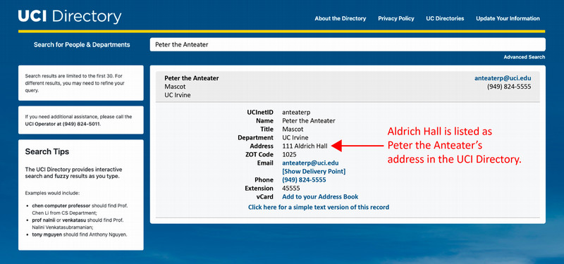 UCI Directory example with Peter the Anteater information showing Aldrich Hall address